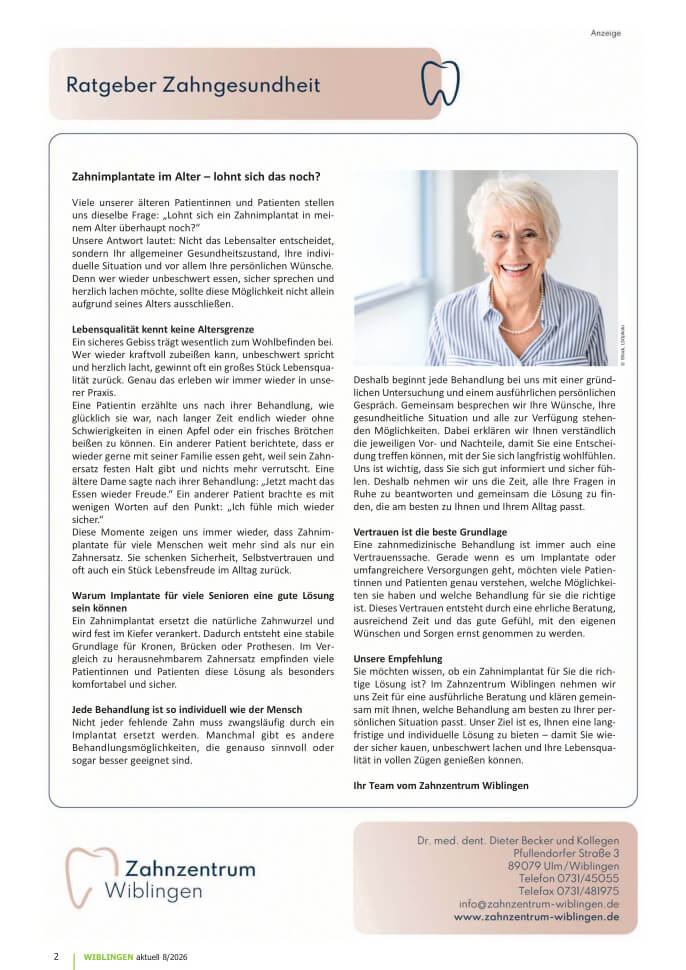Ratgeber Zahngesundheit zum Thema Zahnimplantate im Alter